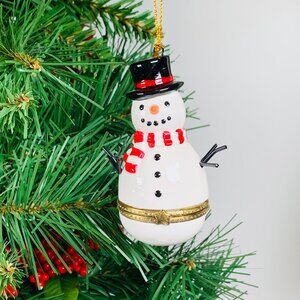 Snowman Stick Arms Porcelain Hinged Surprise Gift Trinket Box Christmas Ornament